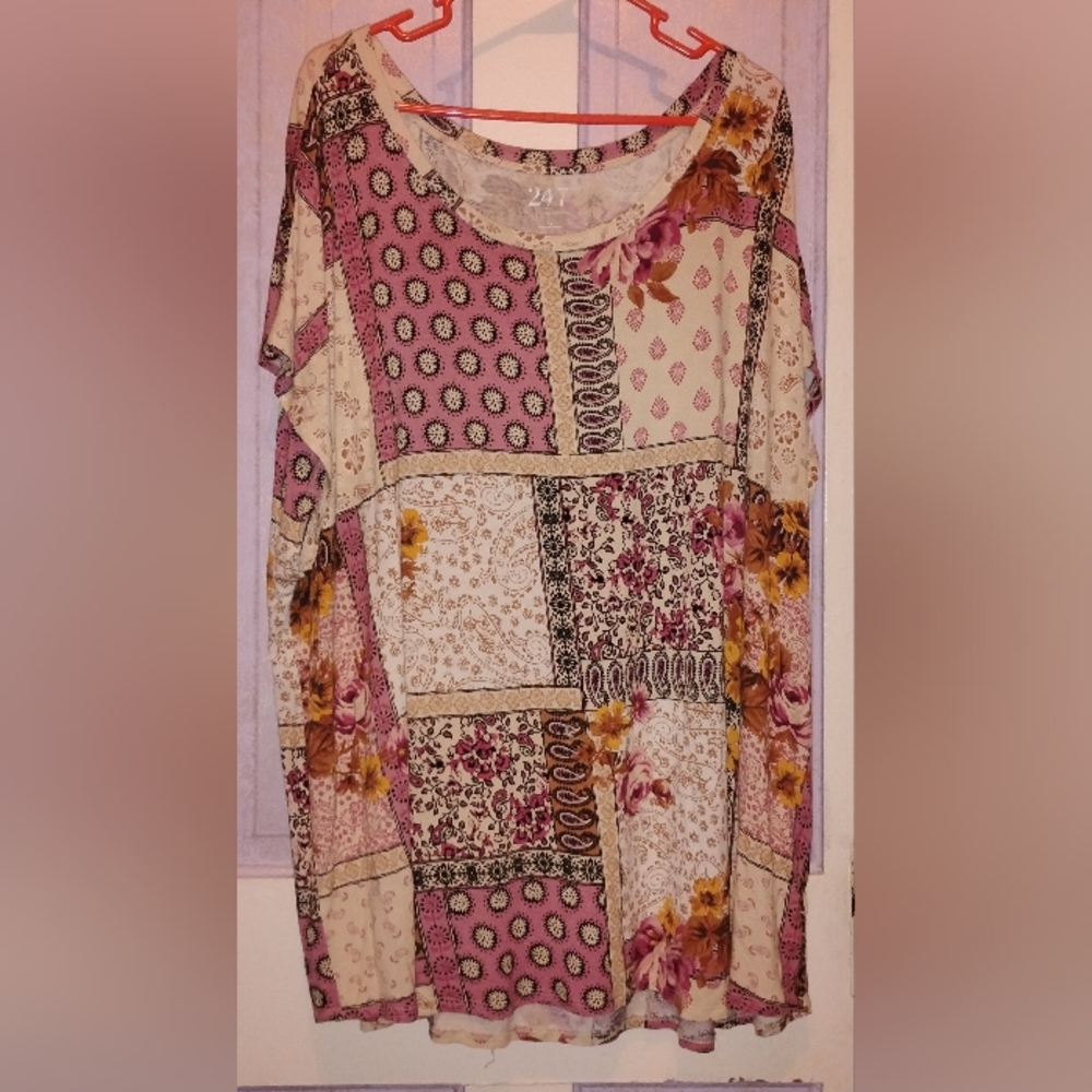 Maurices Patchwork Floral Scoop Neck Tunic - Pink, Cream & Yellow